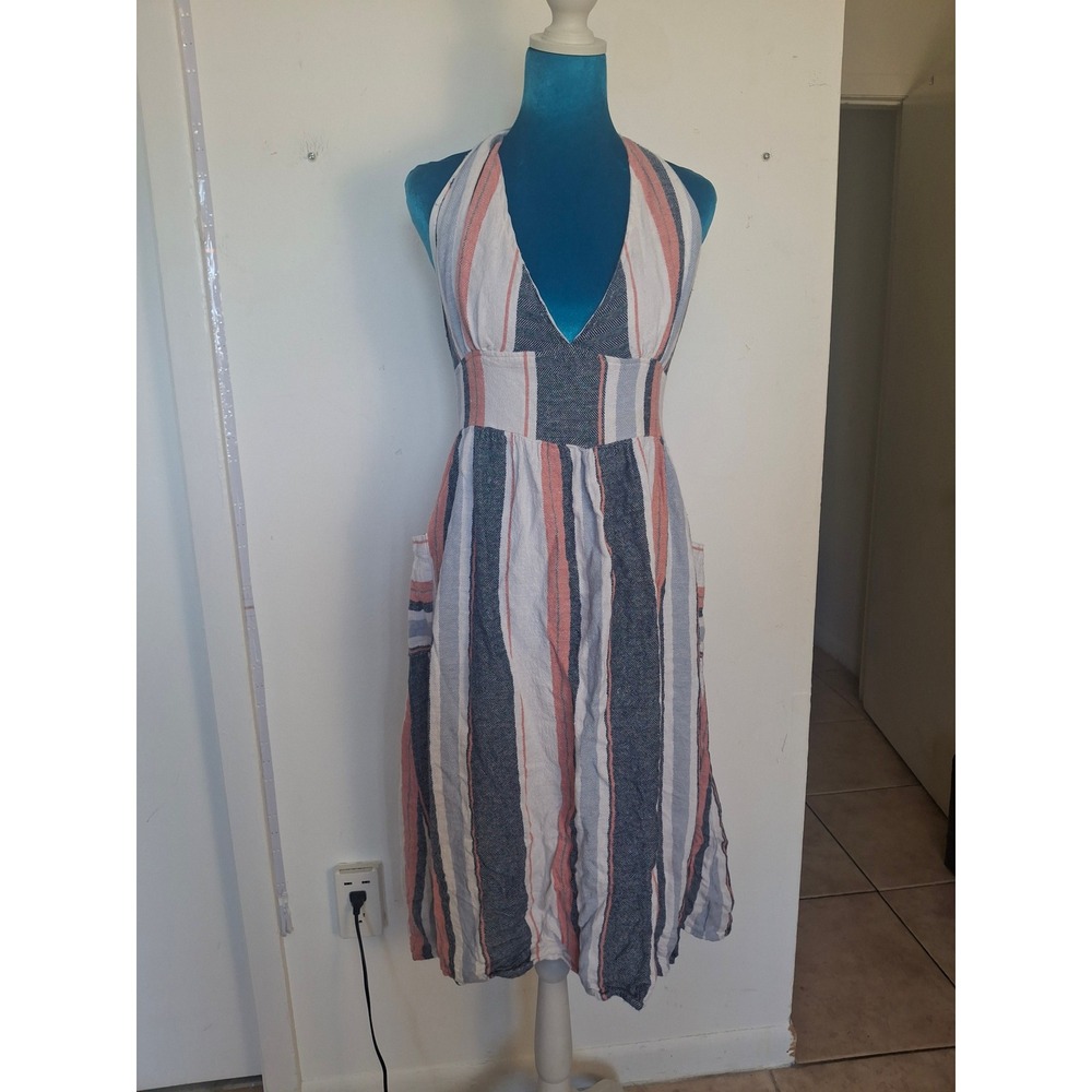 Indigo Rein Striped Halter Midi Dress Blue Coral Linen Blend Large WQ8069C2TJ